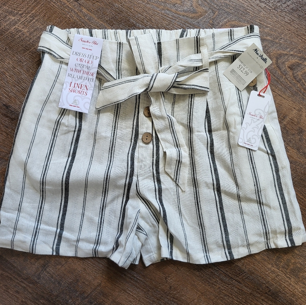 Cream and Black Striped High Waist Linen Shorts
